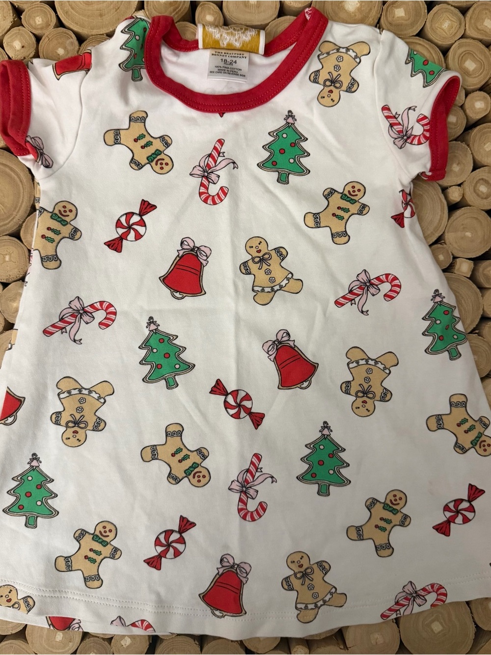 The Beaufort Bonnet Company White Holiday Gingerbread Print Dress with Red Trim